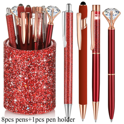 9pk Ballpoint Pen w/ Artificial Diamond & Glitter Pen Holder