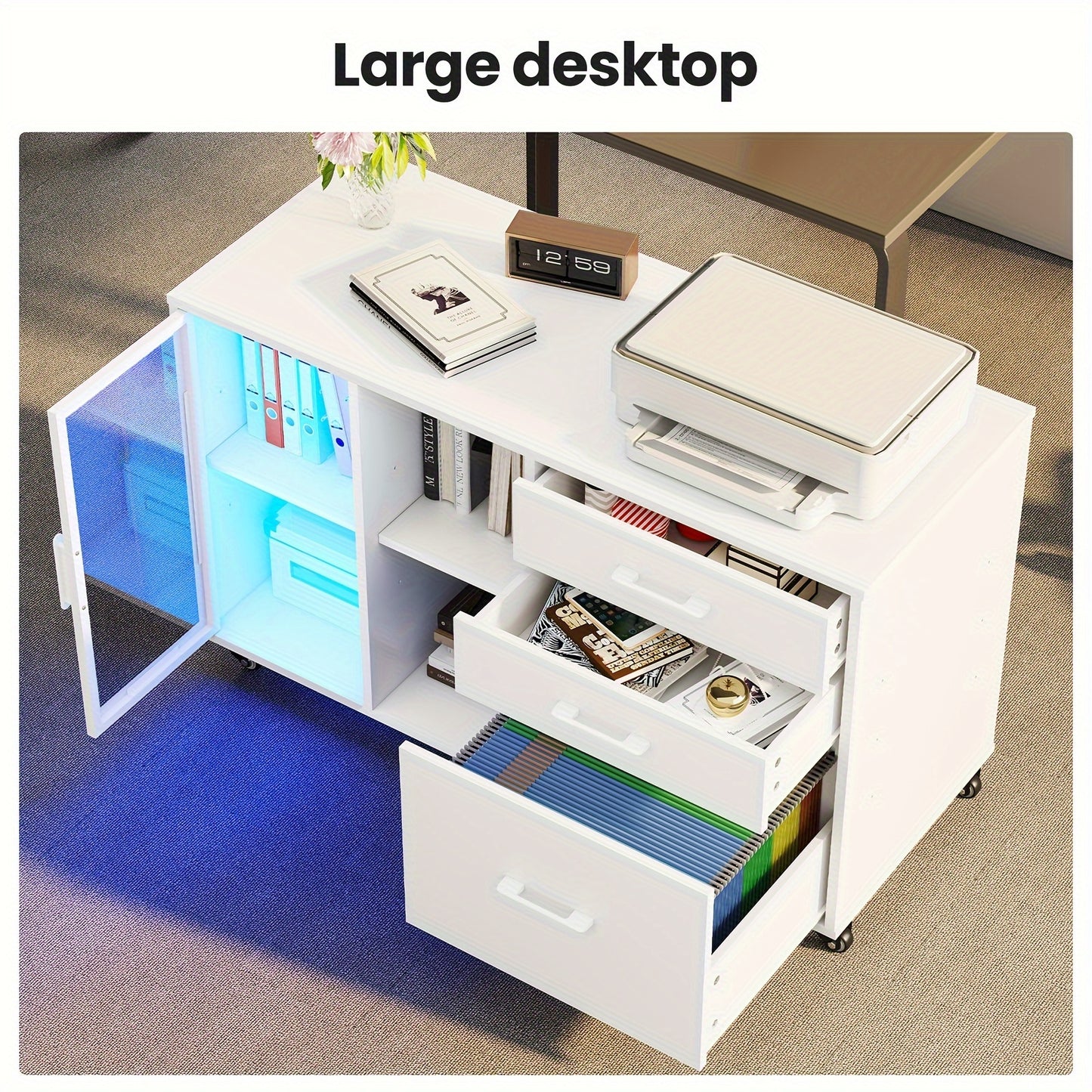 Three Drawer Rolling File Cabinet w/ LED Lights & Open Storage Shelves