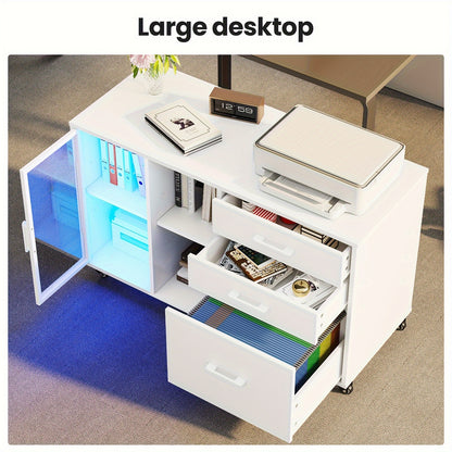 Three Drawer Rolling File Cabinet w/ LED Lights & Open Storage Shelves
