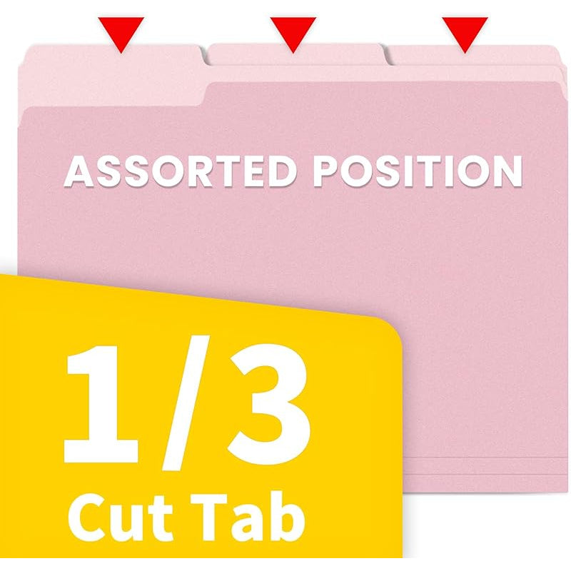 100pk Pink Letter-Size File Folders w/ 1/3 Cut Tabs -  8.5 x 11in