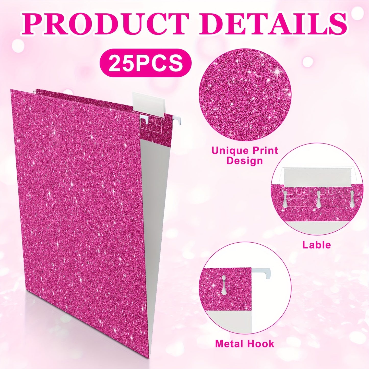 25pk Glittery Hanging File Folders w/ 1/5 Cut Adjustable Tab And 25 Plastic Tabs - 12 X 9.25in. -- 2 Colors