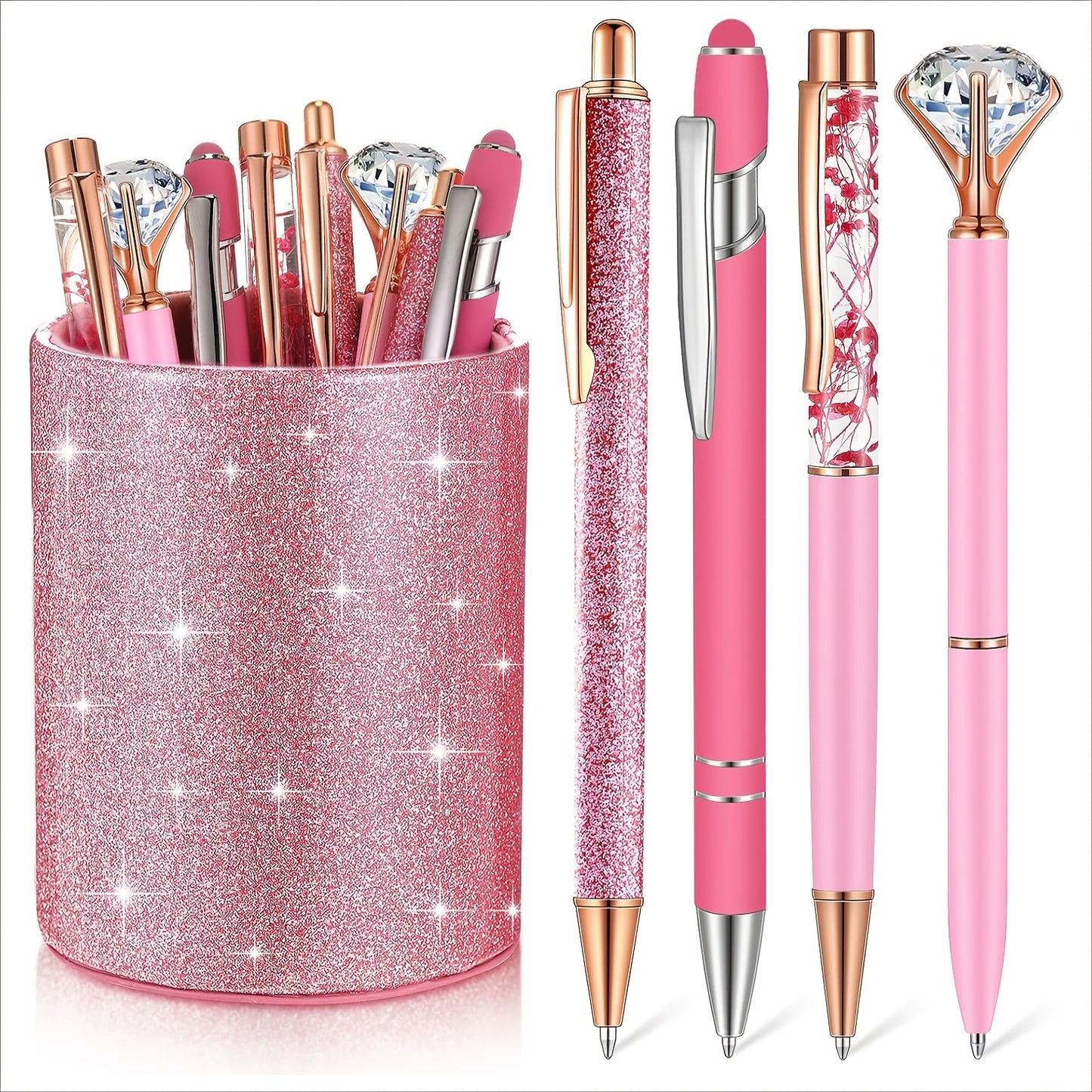 9pk Ballpoint Pen w/ Artificial Diamond & Glitter Pen Holder