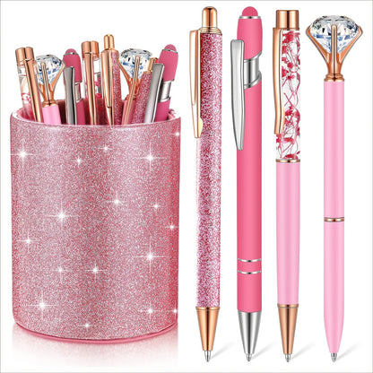 9pk Ballpoint Pen w/ Artificial Diamond & Glitter Pen Holder