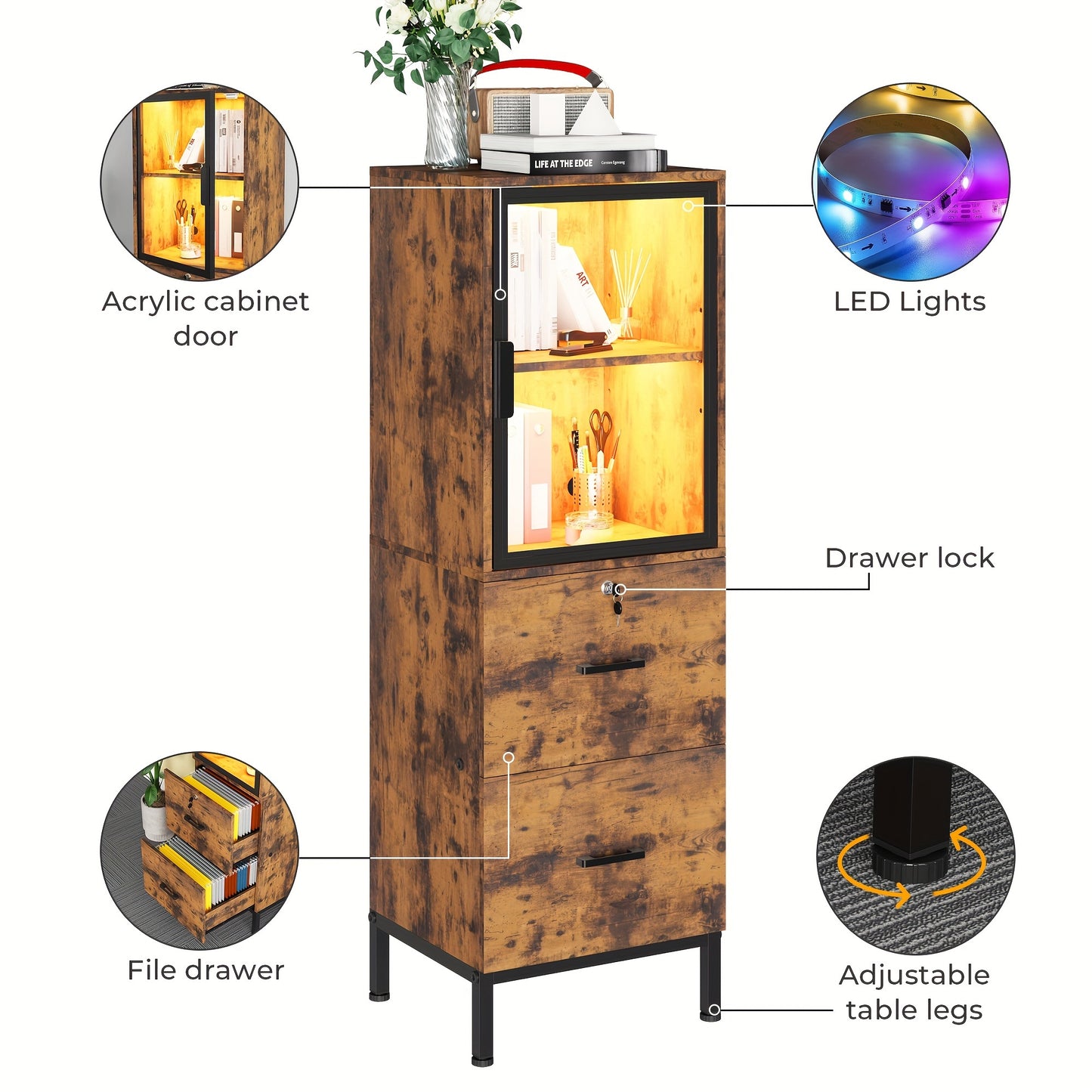 Two Drawer File Cabinet w/ Acrylic Cabinet Door, LED Lights, & Lock - Fits Letter and A4 Files