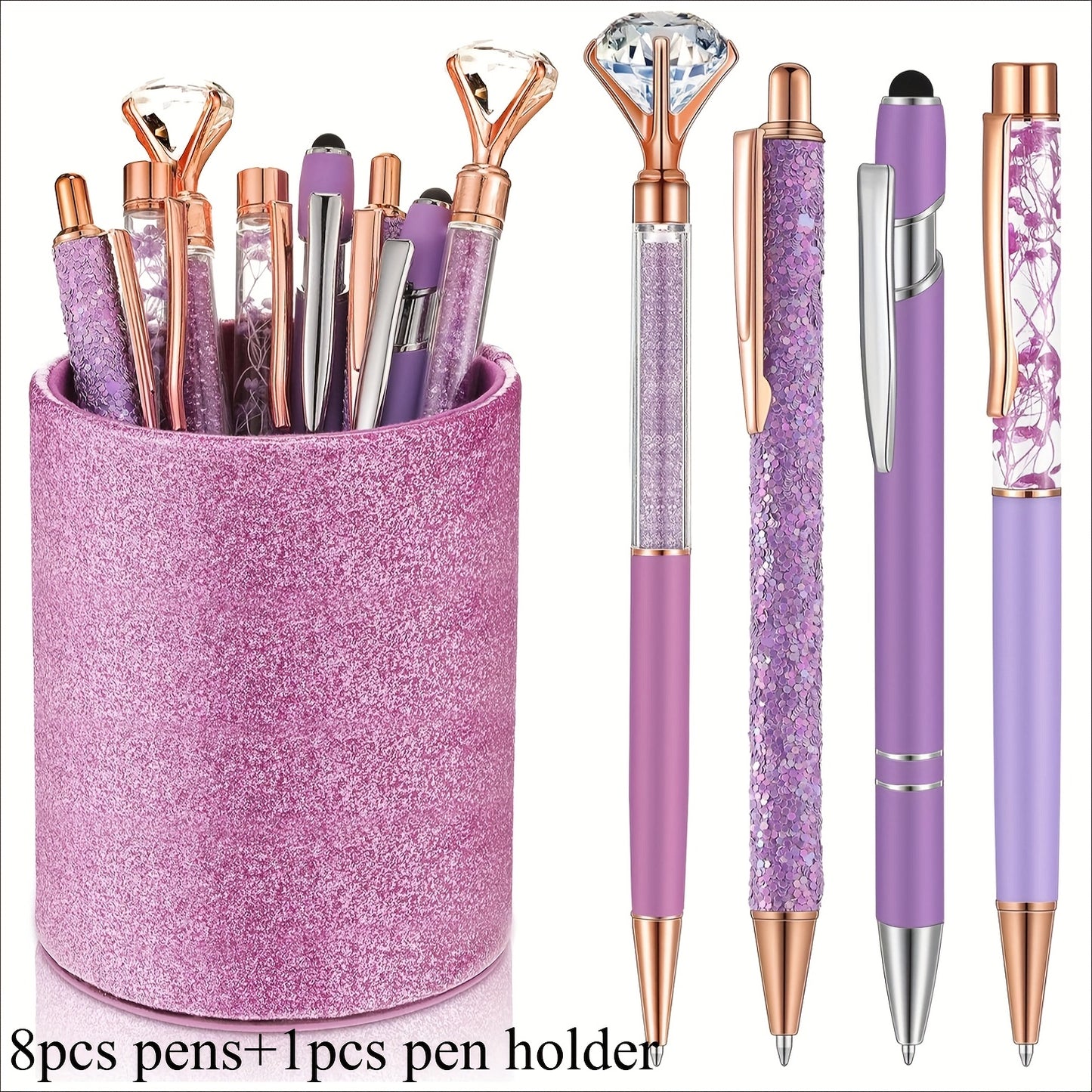 9pk Ballpoint Pen w/ Artificial Diamond & Glitter Pen Holder