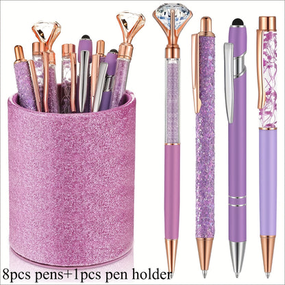 9pk Ballpoint Pen w/ Artificial Diamond & Glitter Pen Holder