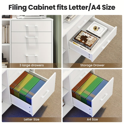 Three Drawer Rolling File Cabinet w/ LED Lights & Open Storage Shelves