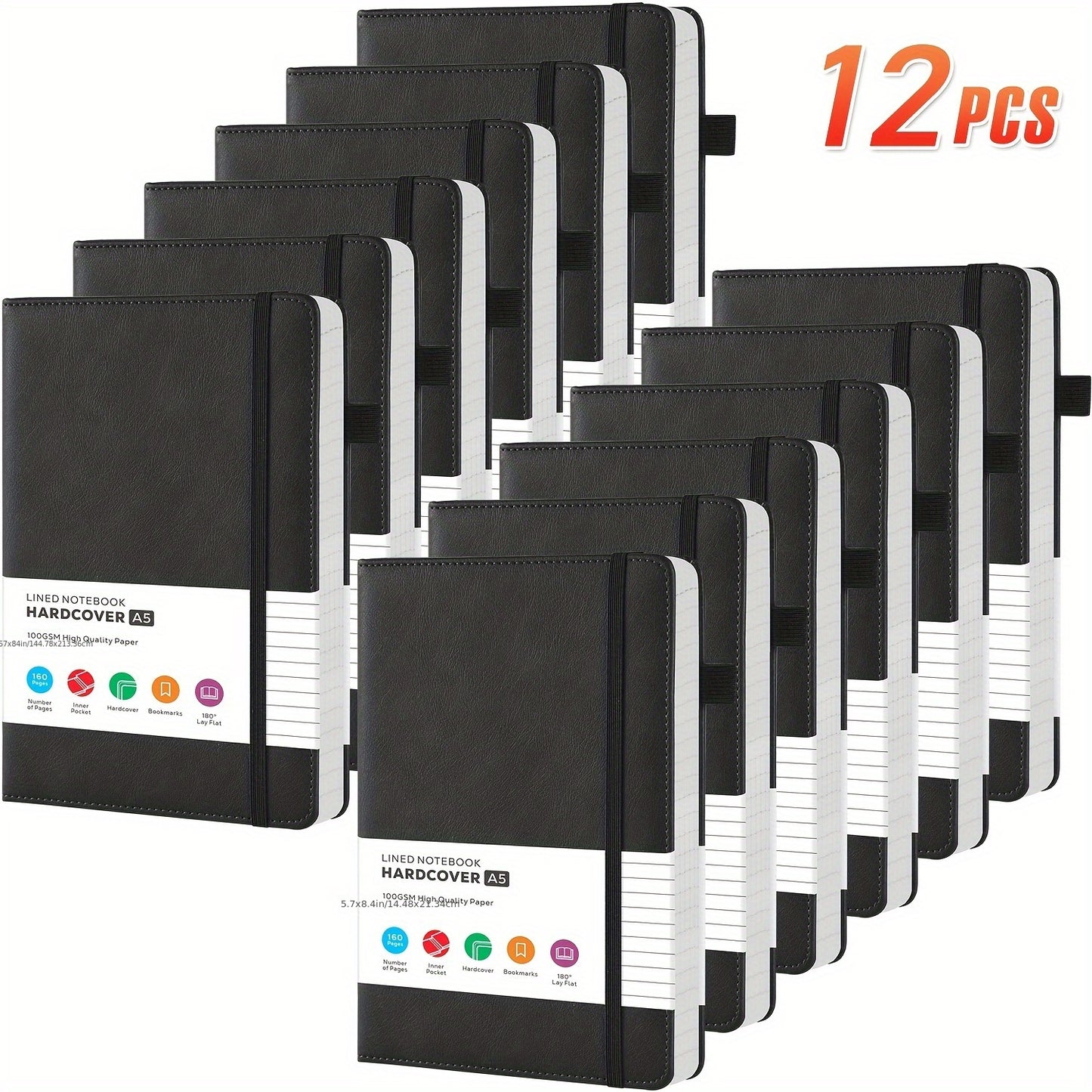 Lined College-Ruled Notebooks - A5 Size PU Leather Hardcover -- 6pks & 12pks Options