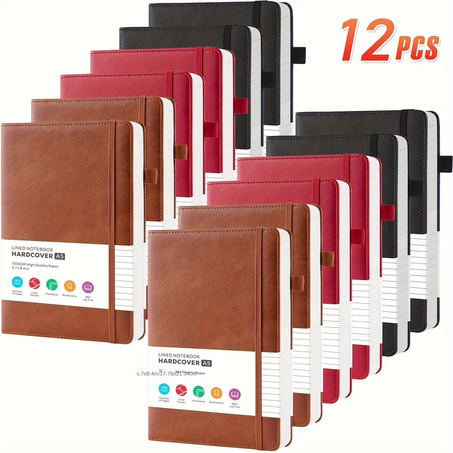 Lined College-Ruled Notebooks - A5 Size PU Leather Hardcover -- 6pks & 12pks Options