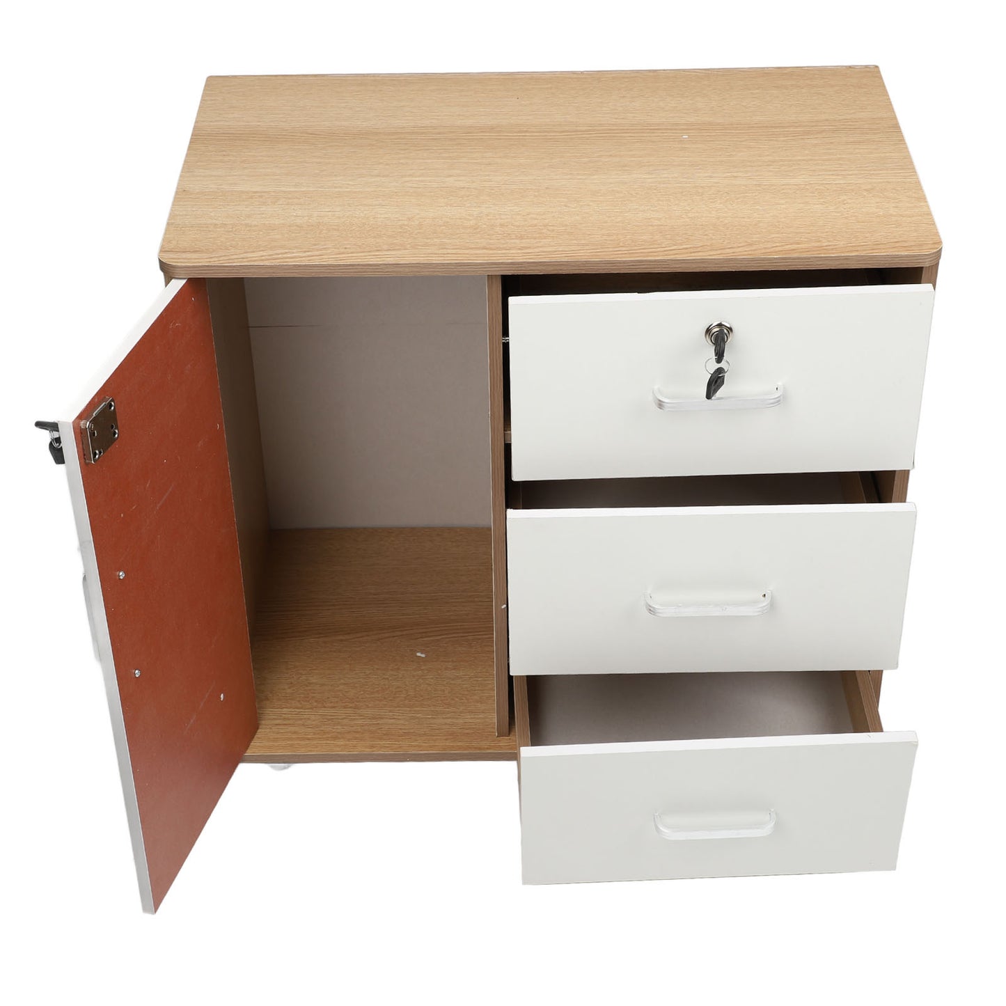 Meuble de rangement blanc/bois - Table antivol avec serrure et roulettes amovibles