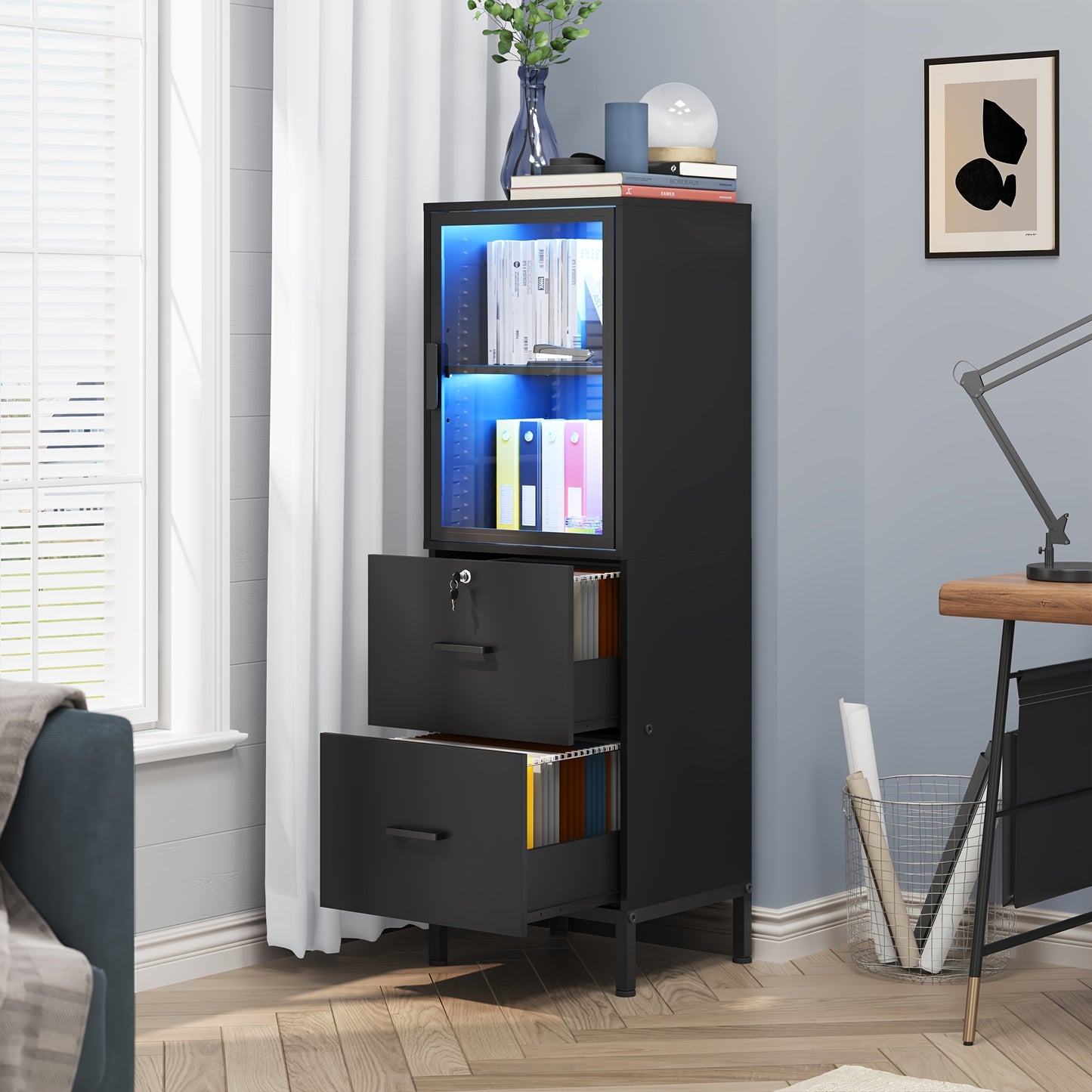 Two Drawer File Cabinet w/ Acrylic Cabinet Door, LED Lights, & Lock - Fits Letter and A4 Files