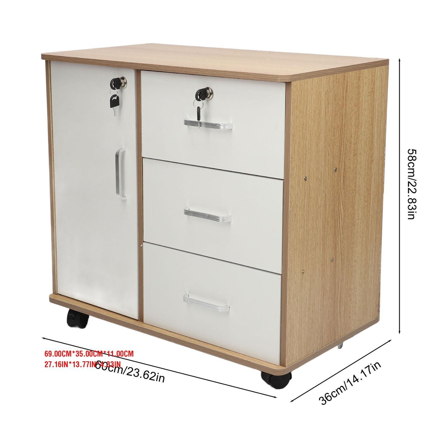 Meuble de rangement blanc/bois - Table antivol avec serrure et roulettes amovibles