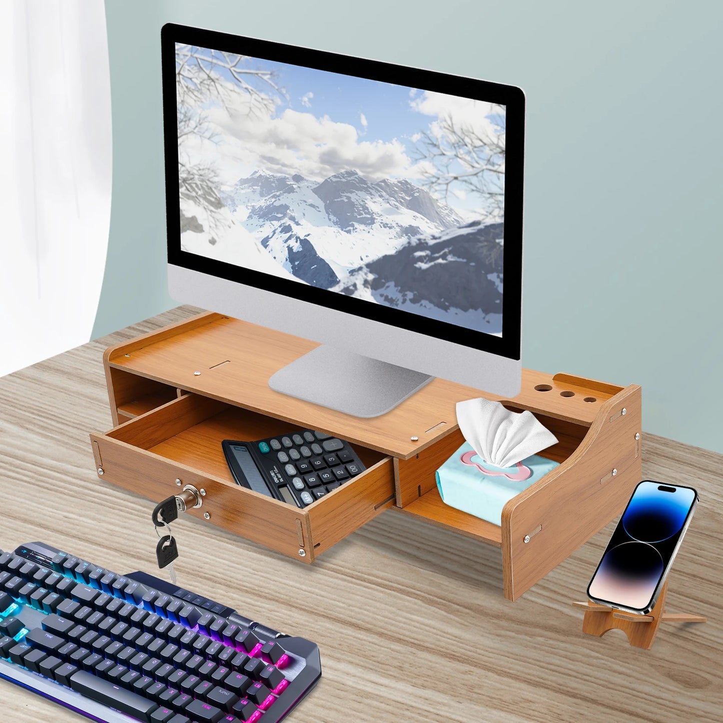 Wooden Desk Organizer w/ Drawers & Monitor Riser