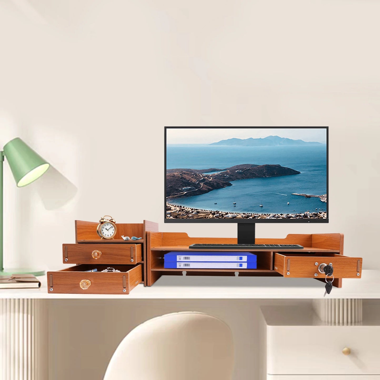 Wooden Desk Organizer w/ Drawers & Monitor Riser