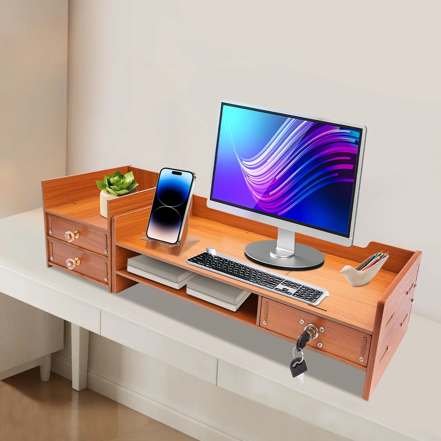 Wooden Desk Organizer w/ Drawers & Monitor Riser