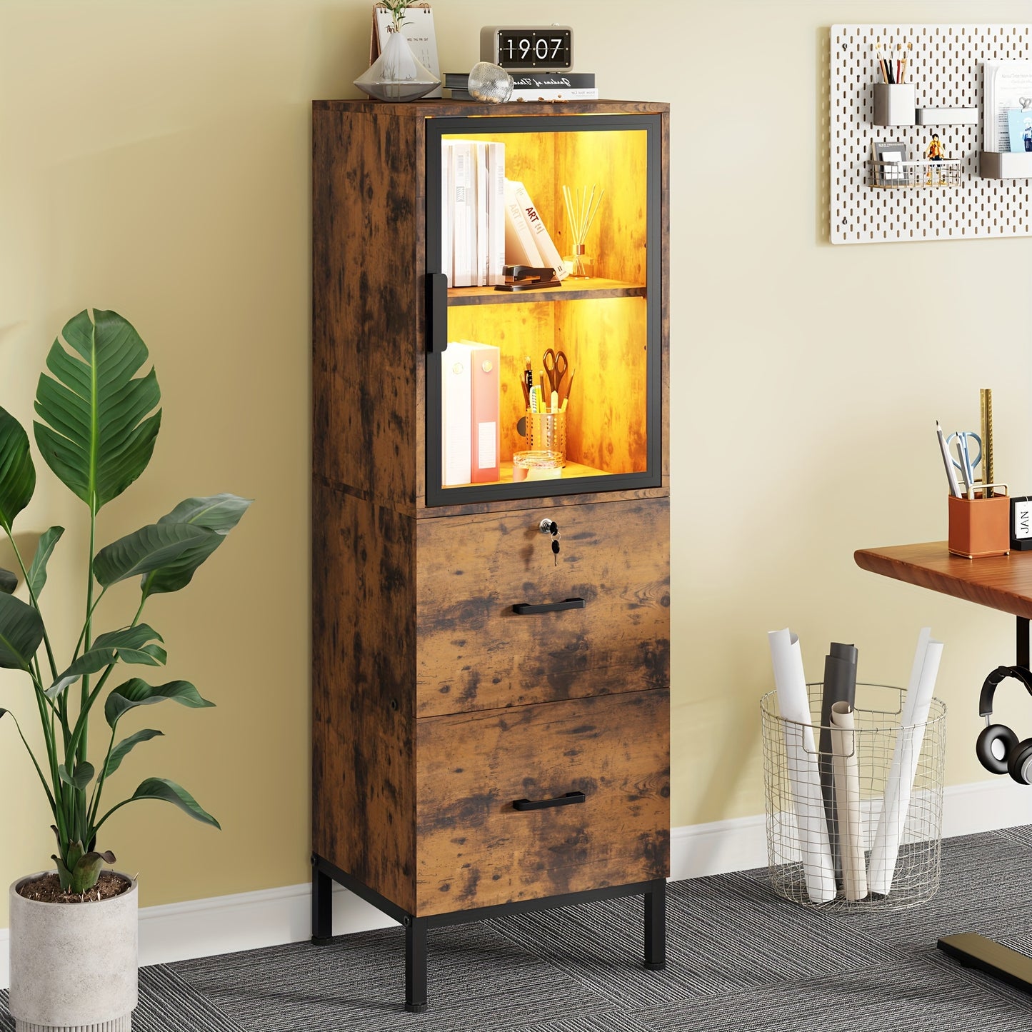 Two Drawer File Cabinet w/ Acrylic Cabinet Door, LED Lights, & Lock - Fits Letter and A4 Files