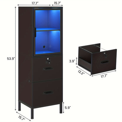 Two Drawer File Cabinet w/ Acrylic Cabinet Door, LED Lights, & Lock - Fits Letter and A4 Files