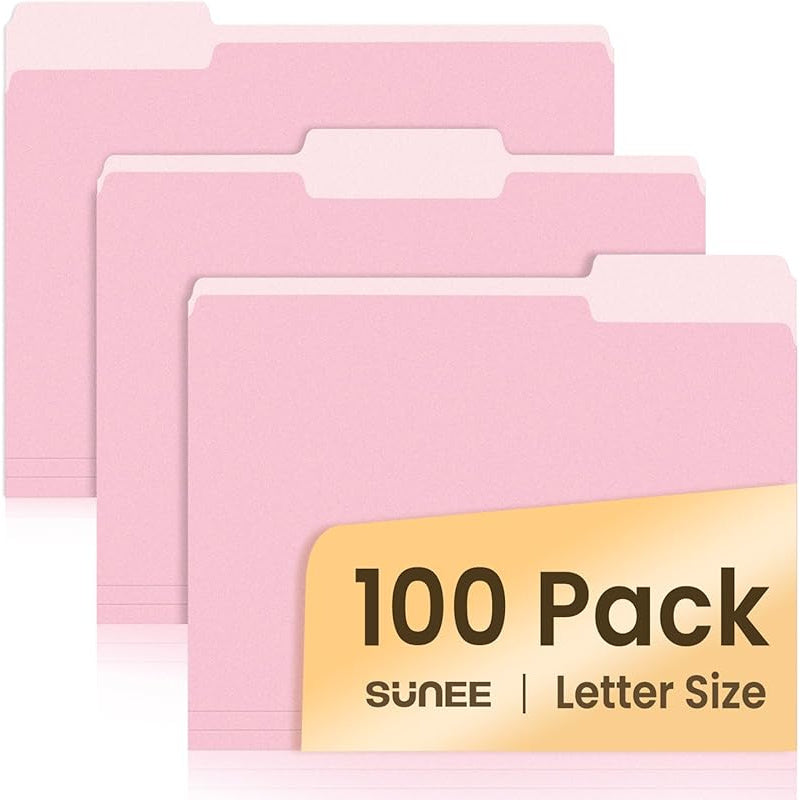100pk Pink Letter-Size File Folders w/ 1/3 Cut Tabs -  8.5 x 11in