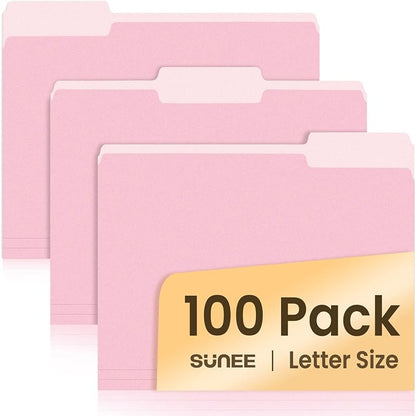 100pk Pink Letter-Size File Folders w/ 1/3 Cut Tabs -  8.5 x 11in