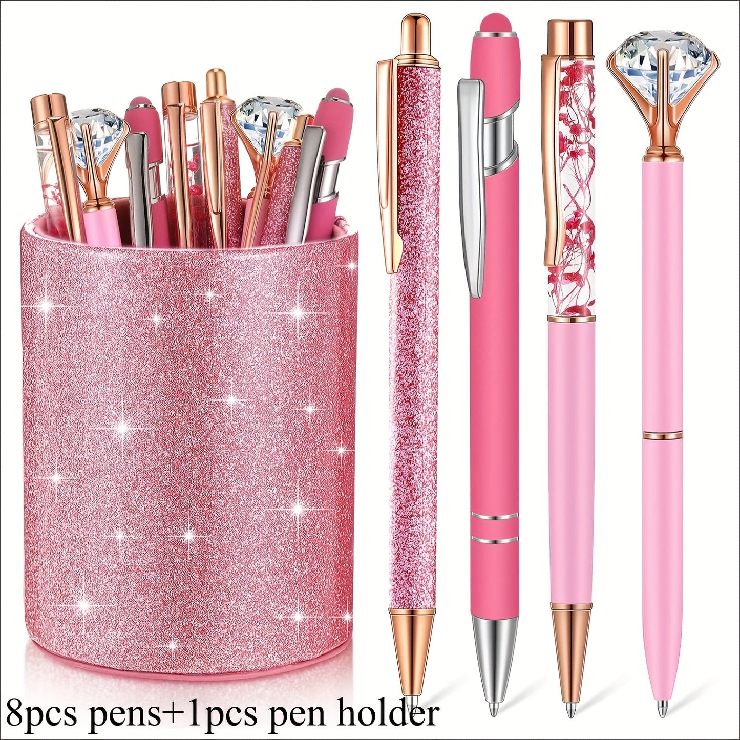 9pk Ballpoint Pen w/ Artificial Diamond & Glitter Pen Holder