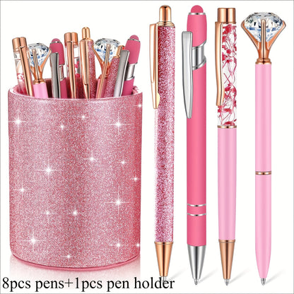 9pk Ballpoint Pen w/ Artificial Diamond & Glitter Pen Holder