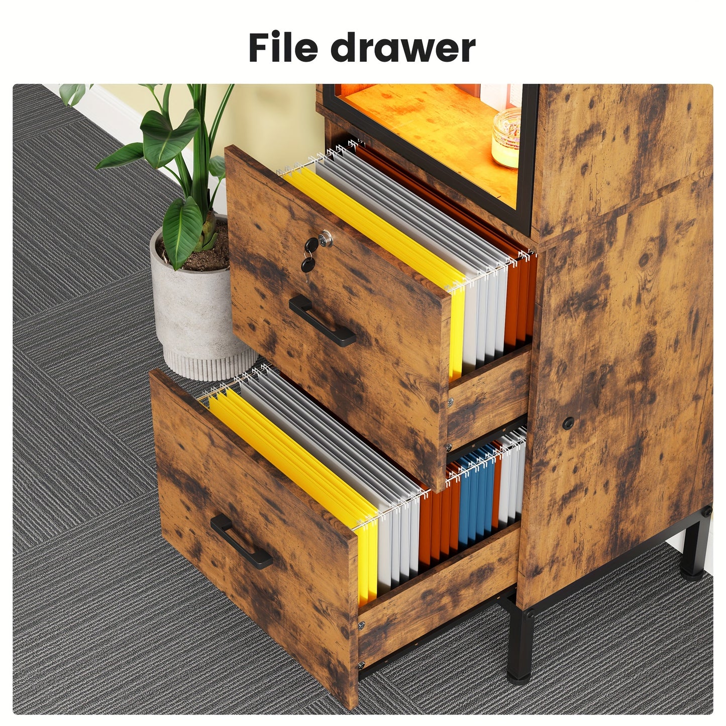 Two Drawer File Cabinet w/ Acrylic Cabinet Door, LED Lights, & Lock - Fits Letter and A4 Files