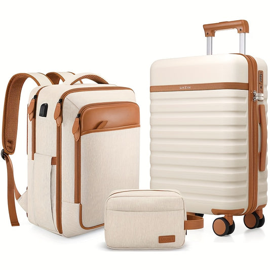 3pcs Luggage Set w/ 20in Luggage, Backpack, and Small Cosmetic Bag -- 4 Colors