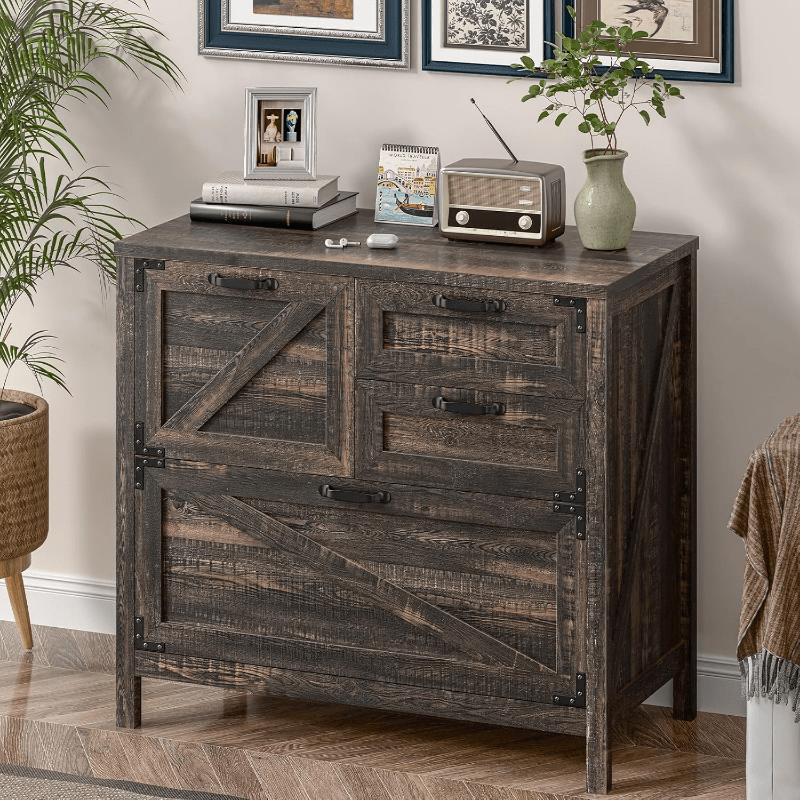 Archivador de madera de 4 cajones con soporte para impresora y almacenamiento con cerradura