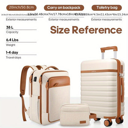 3pcs Luggage Set w/ 20in Luggage, Backpack, and Small Cosmetic Bag -- 4 Colors