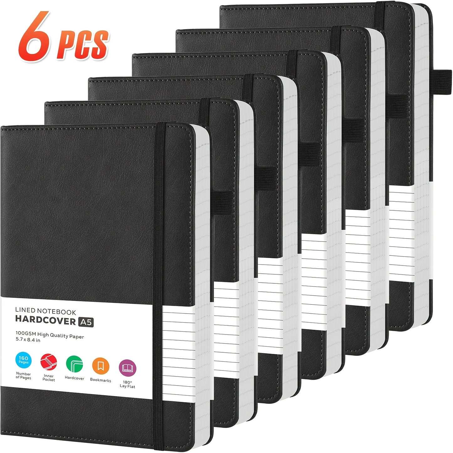 Lined College-Ruled Notebooks - A5 Size PU Leather Hardcover -- 6pks & 12pks Options