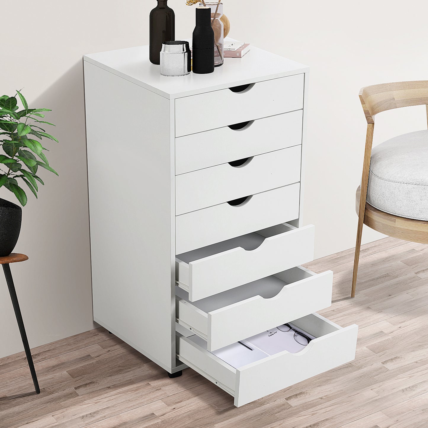 White Mobile Table Storage Cabinet w/ 3/5/7-Layer Drawers and Rolling Wheels
