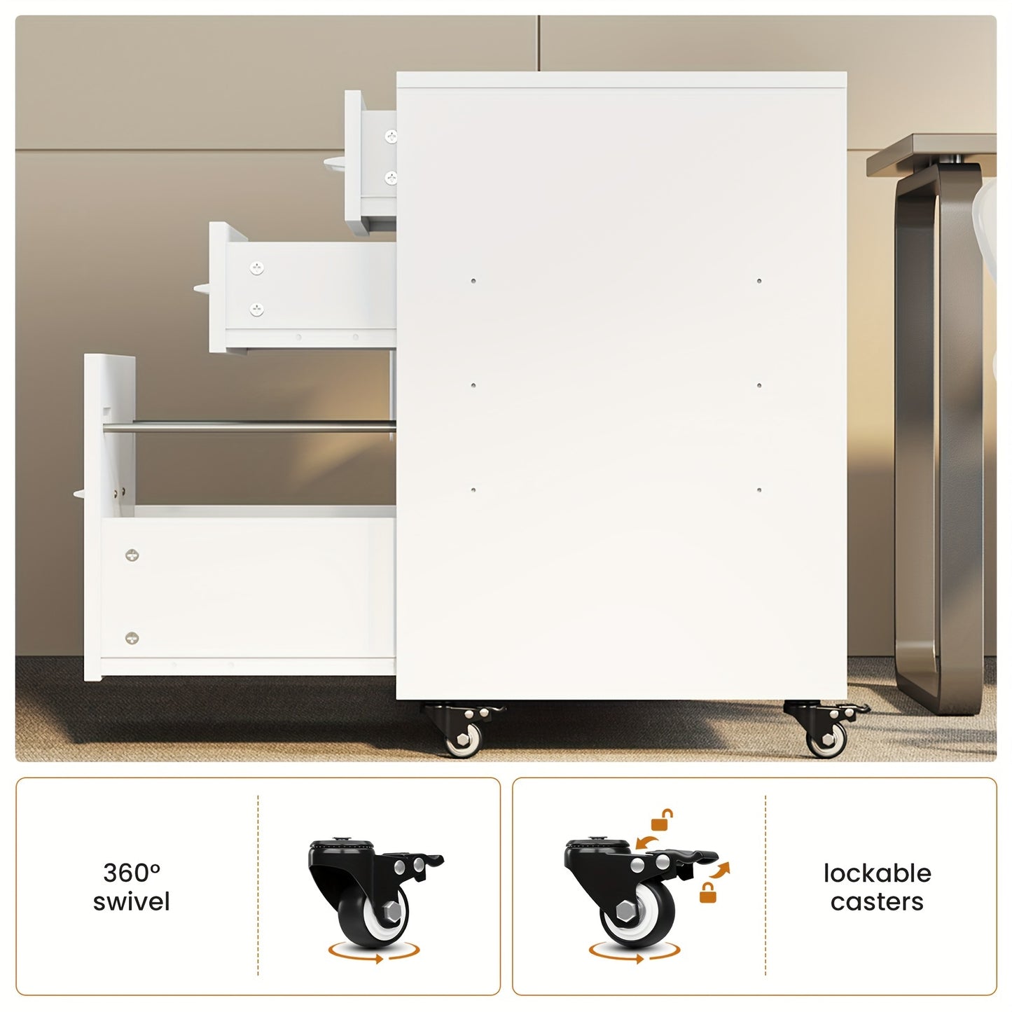 Three Drawer Rolling File Cabinet w/ LED Lights & Open Storage Shelves