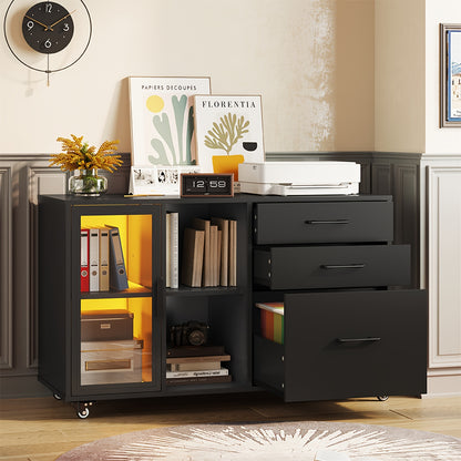 Three Drawer Rolling File Cabinet w/ LED Lights & Open Storage Shelves