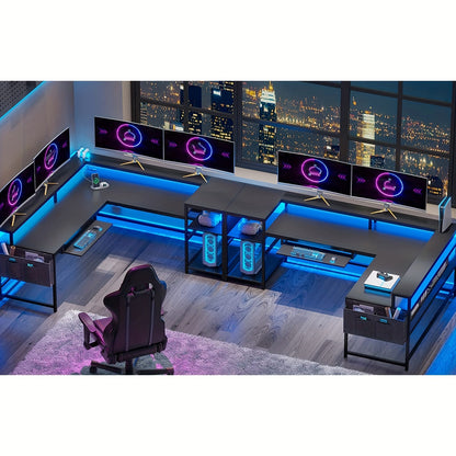 Escritorio de computadora en forma de L de 56" con luces, tomas de corriente y estantes de almacenamiento