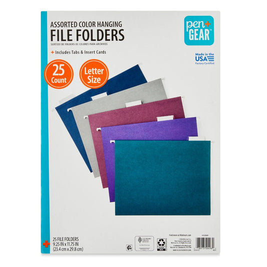 25pk Assorted Jewel Tone Letter-Size Hanging File Folders - 1/ 5 Cut Tabs and Inserts