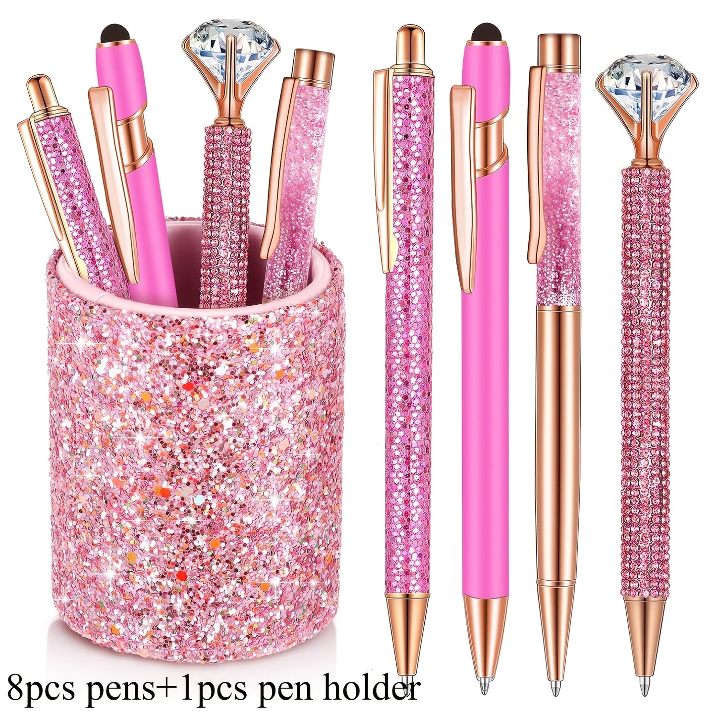 9pk Ballpoint Pen w/ Artificial Diamond & Glitter Pen Holder