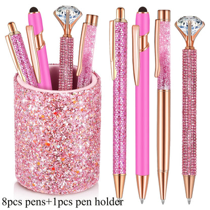 9pk Ballpoint Pen w/ Artificial Diamond & Glitter Pen Holder