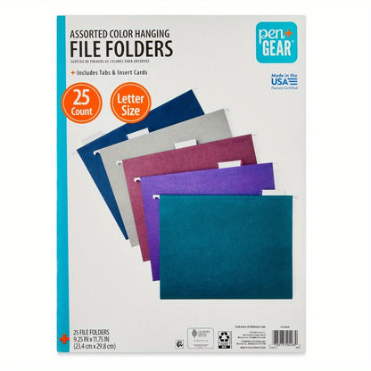 25pk Assorted Jewel Tone Letter-Size Hanging File Folders - 1/ 5 Cut Tabs and Inserts