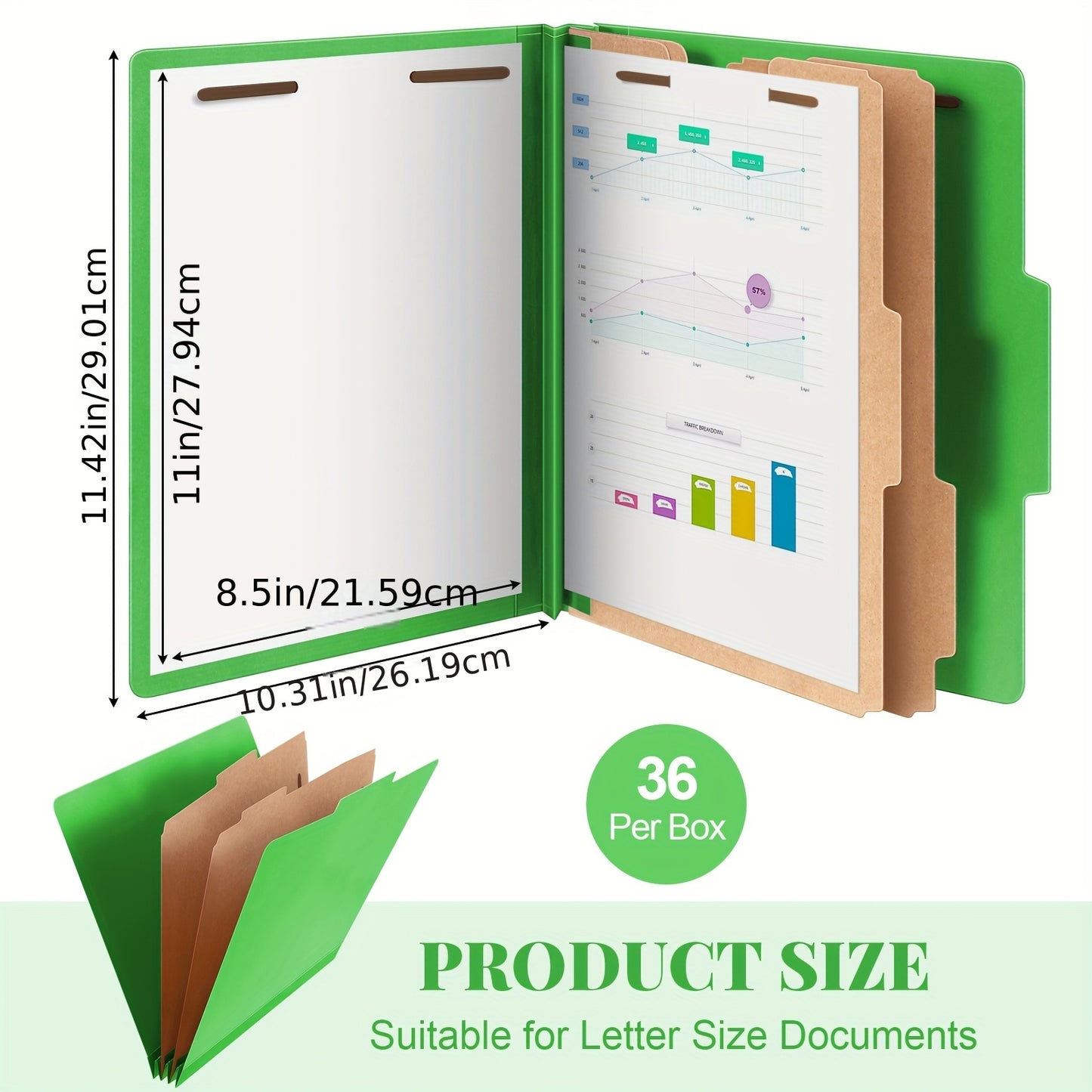 36pcs Classification Folders w/ 2 Dividers, Fasteners, and 3.5in Expansion - Green