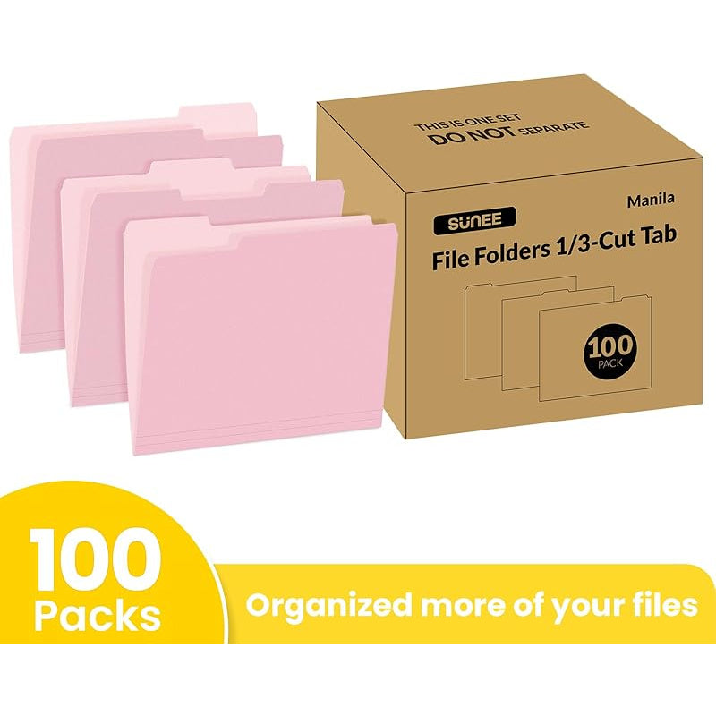 100pk Pink Letter-Size File Folders w/ 1/3 Cut Tabs -  8.5 x 11in