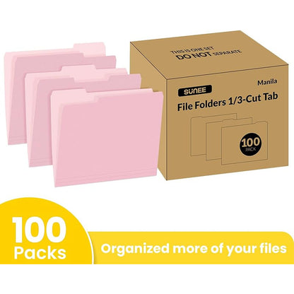 100pk Pink Letter-Size File Folders w/ 1/3 Cut Tabs -  8.5 x 11in