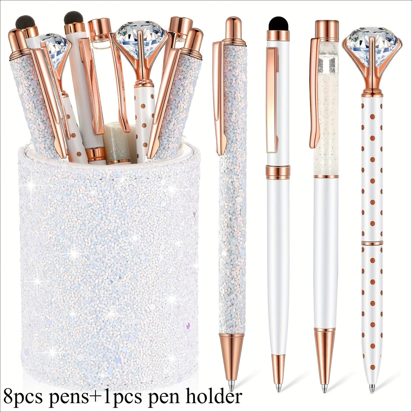 9pk Ballpoint Pen w/ Artificial Diamond & Glitter Pen Holder