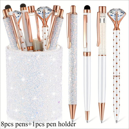 9pk Ballpoint Pen w/ Artificial Diamond & Glitter Pen Holder