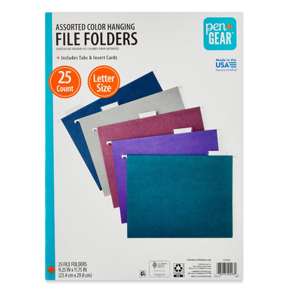 25pk Assorted Jewel Tone Letter-Size Hanging File Folders - 1/ 5 Cut Tabs and Inserts